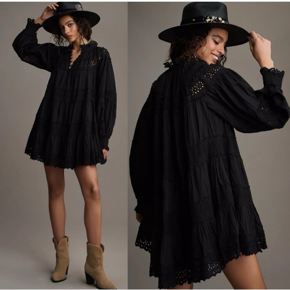 Anthropolgie Maeve Eyelet Lace Black Mini Dress Babydoll Boho Witchy Size Small‎